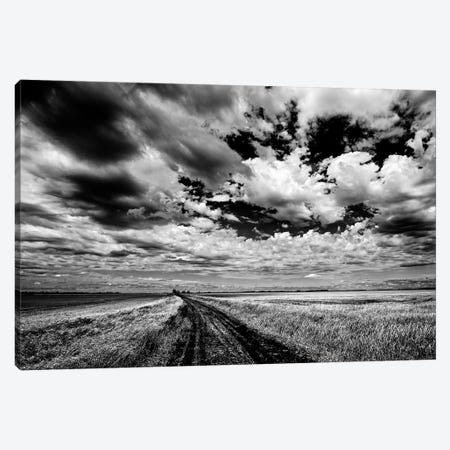 Canada, Manitoba, Grande Pointe. Black and white of clouds and road through field. Canvas Print #JYG421} by Jaynes Gallery Canvas Art Print