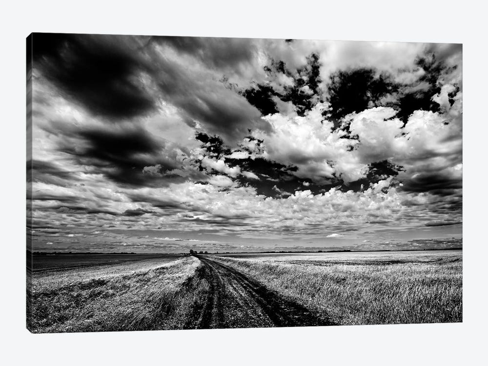 Canada, Manitoba, Grande Pointe. Black and white of clouds and road through field. by Jaynes Gallery 1-piece Canvas Artwork