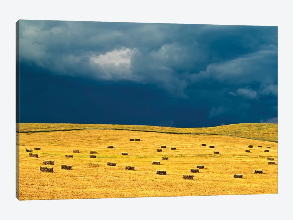 Canada, Manitoba, Holland. Square bales in field and storm clouds. by Jaynes Gallery 1-piece Canvas Art Print
