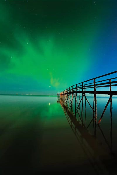 Manitoba: Canada, Manitoba, Winnipeg. Northern Lights reflected in Lake Winnipeg. by Jaynes Gallery