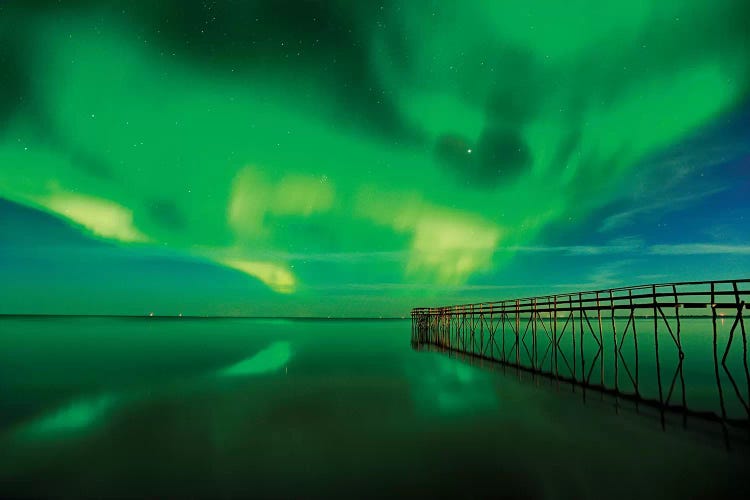 Canada, Manitoba, Winnipeg. Northern Lights reflected in Lake Winnipeg.