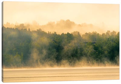 Canada, New Brunswick, Mactaquac. Morning fog on Saint John River at sunrise. Canvas Art Print