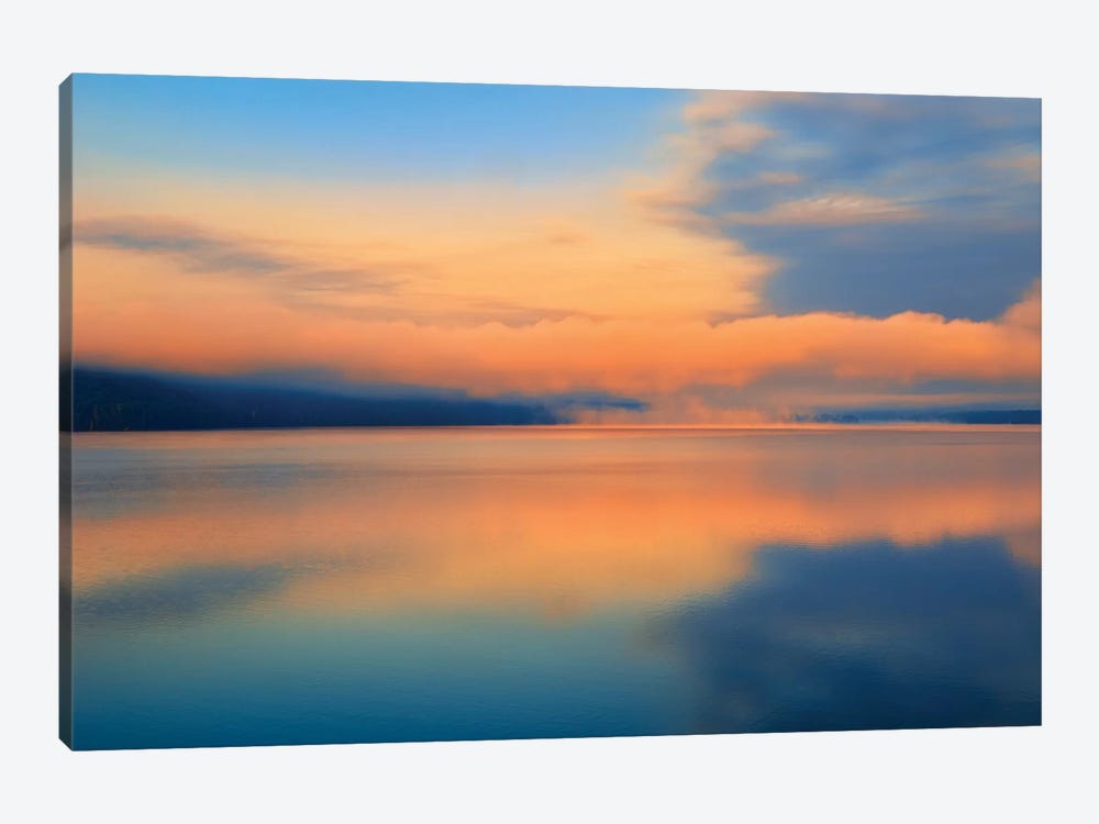 Canada, Ontario, Algonquin Provincial Park. Sunrise and fog on Lake of Two Rivers. by Jaynes Gallery 1-piece Canvas Wall Art