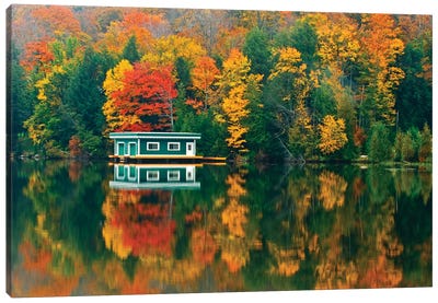 Canada, Ontario, Rosseau. Boathouse and reflection in autumn. Canvas Art Print - Ontario Art