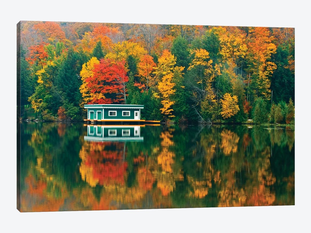 Canada, Ontario, Rosseau. Boathouse and reflection in autumn. by Jaynes Gallery 1-piece Canvas Wall Art