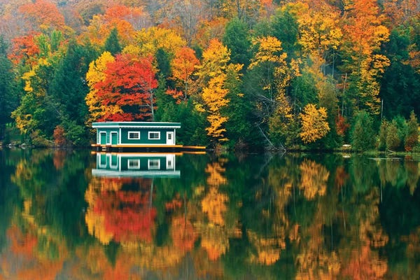 Canada: Canada, Ontario, Rosseau. Boathouse and reflection in autumn. by Jaynes Gallery