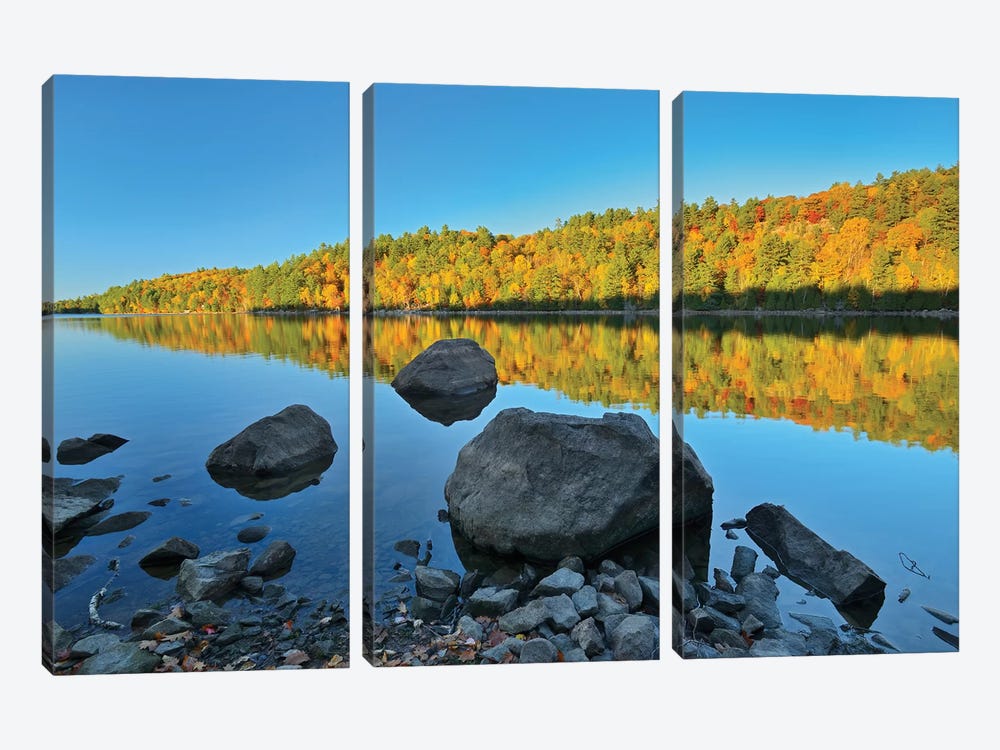 Canada, Ontario. Autumn reflections on St. Nora Lake. by Jaynes Gallery 3-piece Canvas Art Print