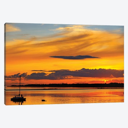 Canada, Prince Edward Island, Wood Islands. Sailboat at sunset. Canvas Print #JYG479} by Jaynes Gallery Canvas Artwork