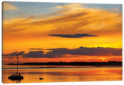 Canada, Prince Edward Island, Wood Islands. Sailboat at sunset. Canvas Art Print