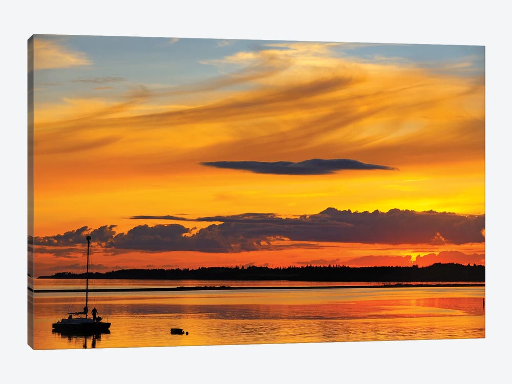 Canada, Prince Edward Island, Wood Islands. Sailboat at sunset. by Jaynes Gallery 1-piece Art Print