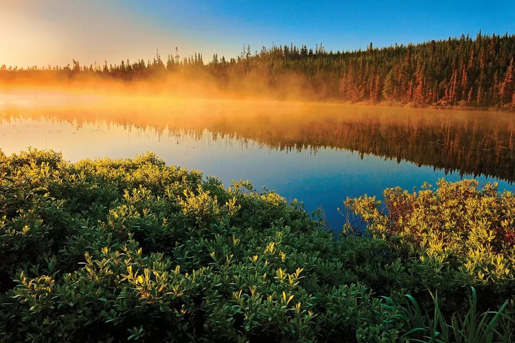 Canada, Quebec, Lac A Thompson. Sunrise mist on lake.