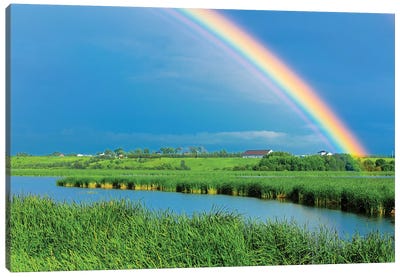 Canada, Quebec, St. Gedeon. Rainbow and barn after storm. Canvas Art Print - Weather Art