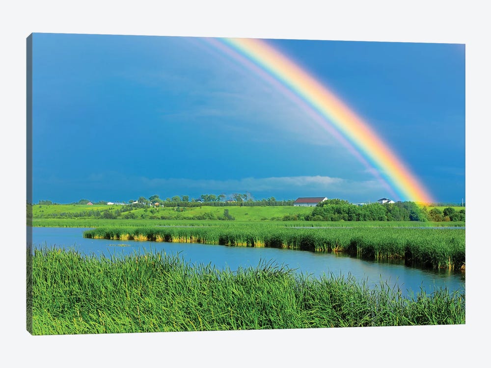 Canada, Quebec, St. Gedeon. Rainbow and barn after storm. by Jaynes Gallery 1-piece Canvas Art Print