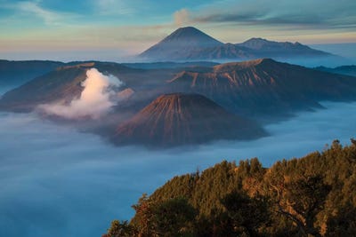 Indonesia, East Java. Overview of Mt. Bromo and Mt. Merapi. by Jaynes Gallery framed canvas print
