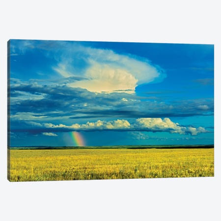 Canada, Saskatchewan, Grasslands National Park. Storm and rainbow over prairie. Canvas Print #JYG490} by Jaynes Gallery Canvas Artwork