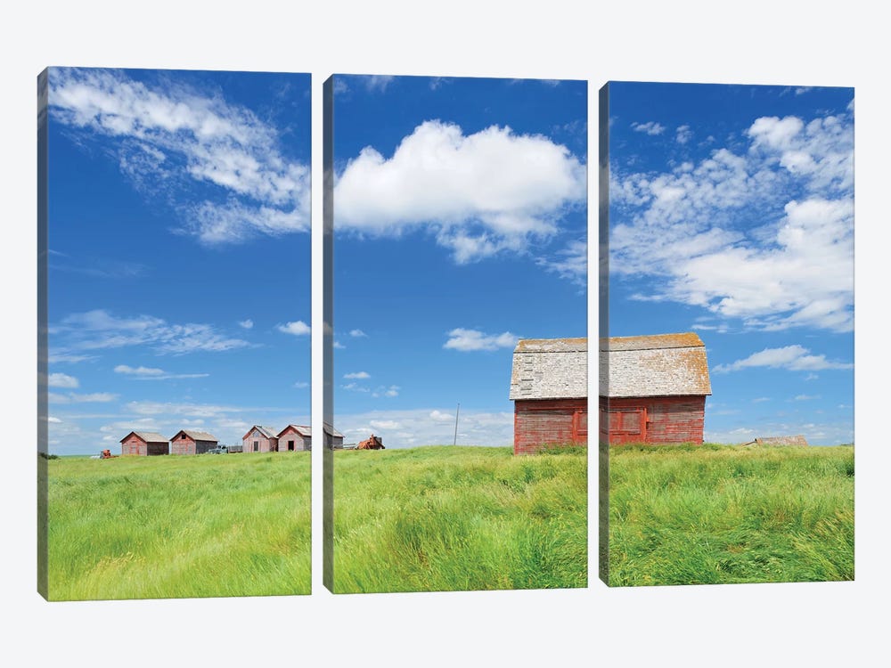 Canada, Saskatchewan, Hazenmore. Wooden granaries. by Jaynes Gallery 3-piece Canvas Art Print