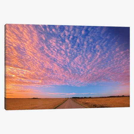 Canada, Saskatchewan, Lepine. Clouds over prairie road at sunrise. Canvas Print #JYG492} by Jaynes Gallery Canvas Art
