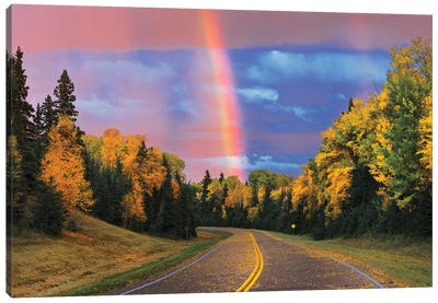 Canada, Saskatchewan, Prince Albert National Park. Rainbow after storm. Canvas Art Print - Rainbow Art
