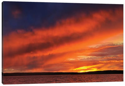 Canada, Saskatchewan, Prince Albert National Park. Storm on Waskesiu Lake at sunset. Canvas Art Print