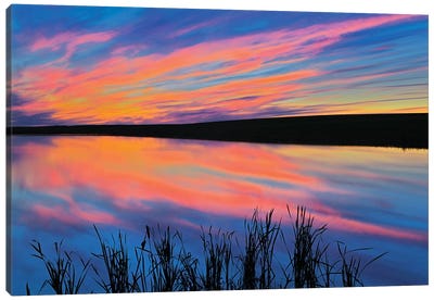 Canada, Saskatchewan, Viscount. Sunset reflected in pond. Canvas Art Print