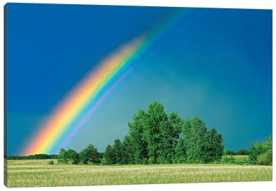 Canada, Saskatchewan, Wroxton. Rainbow over grassland. Canvas Art Print