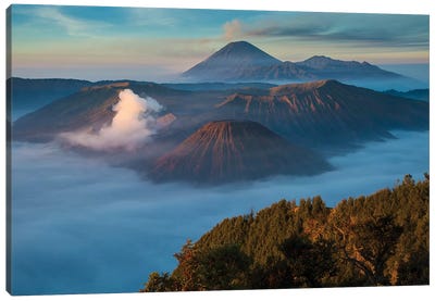 Indonesia, East Java. Overview of Mt. Bromo and Mt. Merapi. Canvas Art Print