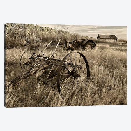 Canada. Sepia Photo Of Old Farm Machinery In Field. Canvas Print #JYG506} by Jaynes Gallery Art Print