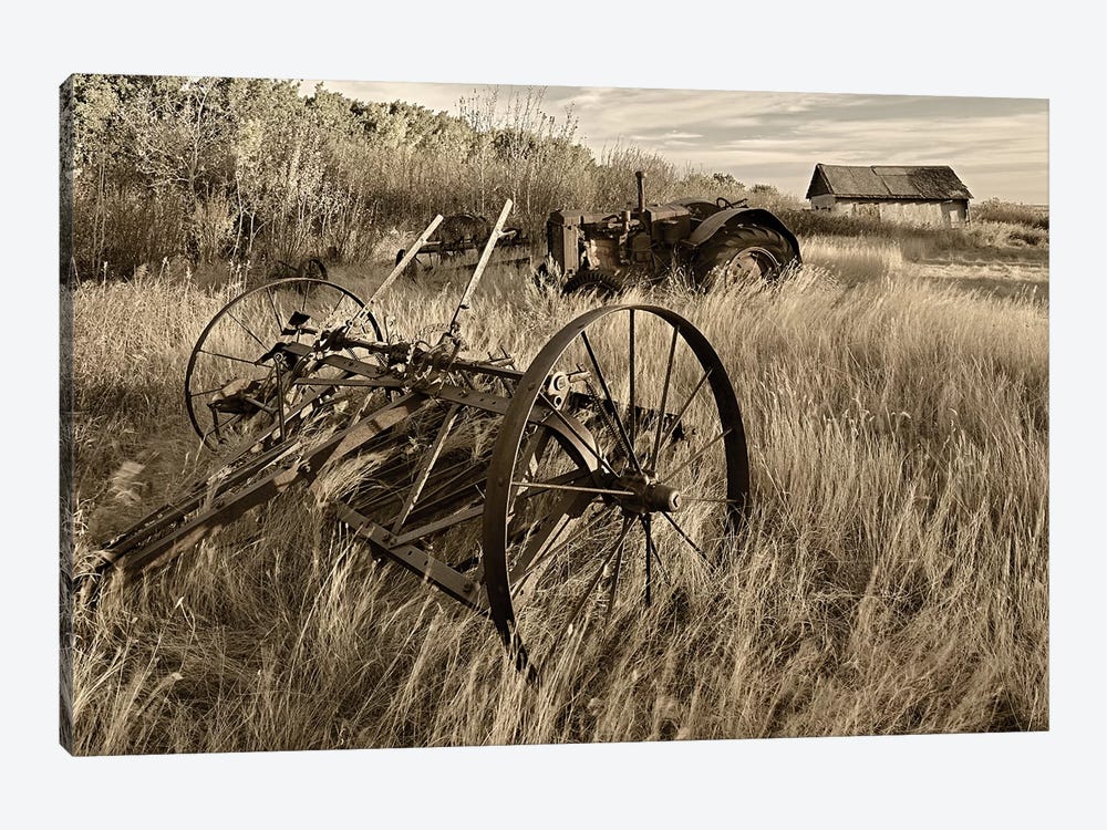 Canada. Sepia Photo Of Old Farm Machinery In Field. by Jaynes Gallery 1-piece Canvas Artwork