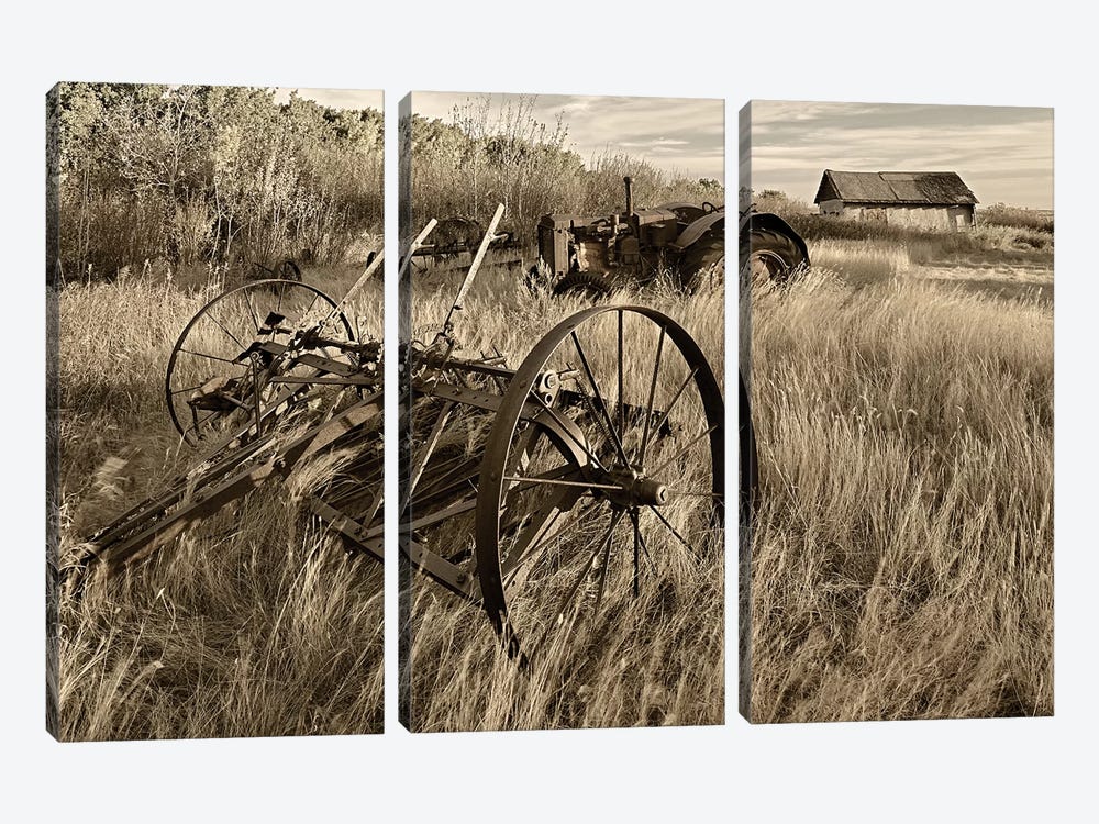 Canada. Sepia Photo Of Old Farm Machinery In Field. by Jaynes Gallery 3-piece Canvas Art