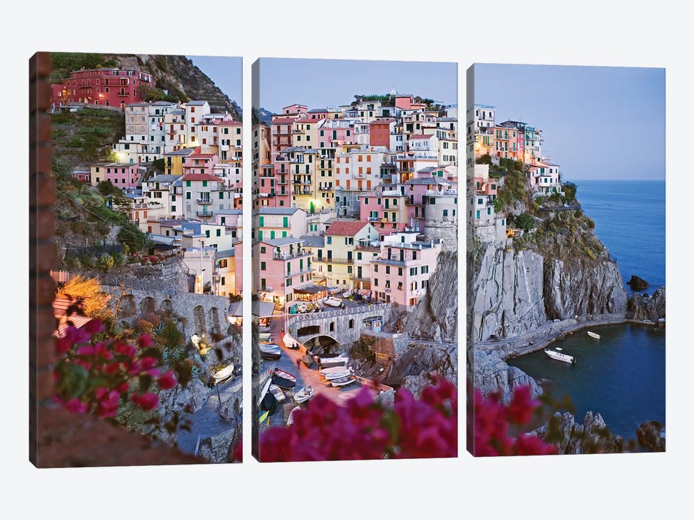 Italy, Manarola. Town and sea at sunset I by Jaynes Gallery 3-piece Canvas Art