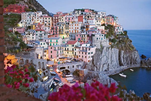 Mediterranean Décor: Italy, Manarola. Town and sea at sunset I by Jaynes Gallery