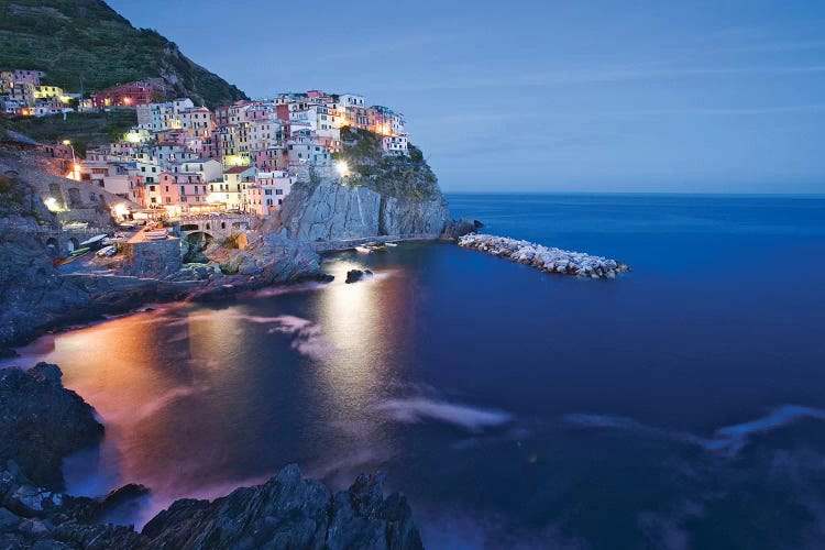 Italy, Manarola. Town and sea at sunset II