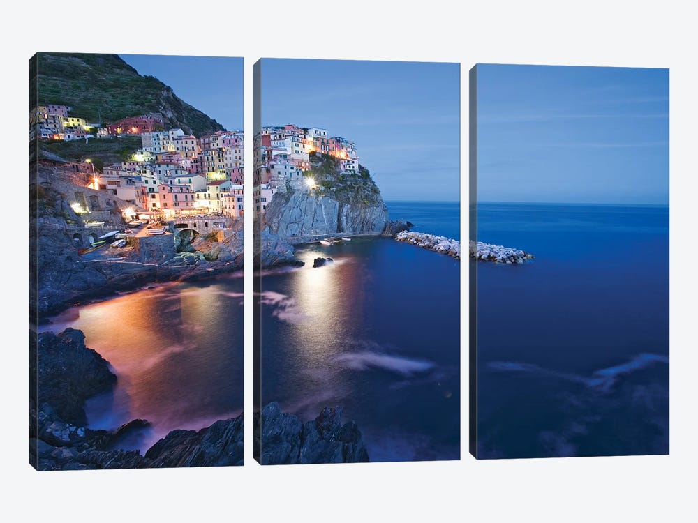 Italy, Manarola. Town and sea at sunset II by Jaynes Gallery 3-piece Canvas Art Print