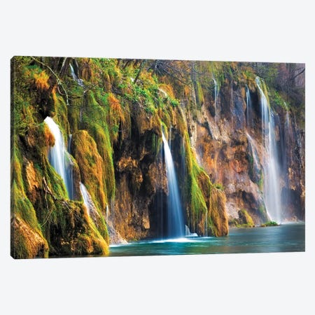 Croatia, Plitvice Lakes National Park. Waterfalls into stream.  Canvas Print #JYG545} by Jaynes Gallery Art Print