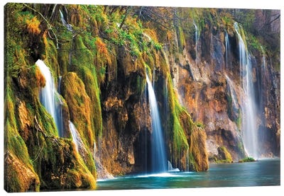 Croatia, Plitvice Lakes National Park. Waterfalls into stream.  Canvas Art Print - Croatia Art