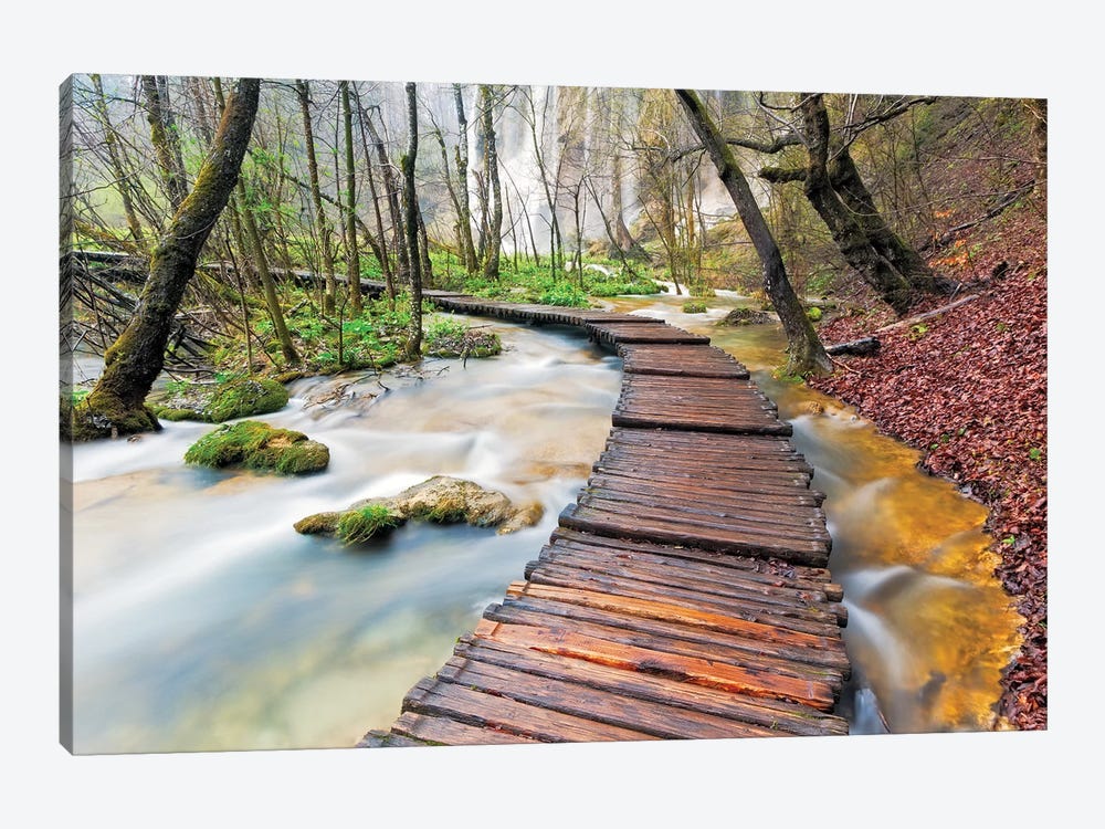 Croatia, Plitvice Lakes National Park. Wooden walkway over stream.  by Jaynes Gallery 1-piece Canvas Art