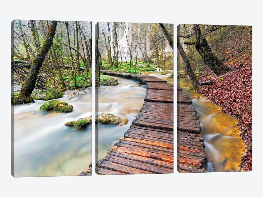Croatia, Plitvice Lakes National Park. Wooden walkway over stream.  by Jaynes Gallery 3-piece Canvas Wall Art