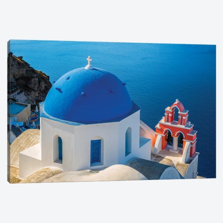 Greece, Oia. Greek Orthodox church and ocean.  Canvas Print #JYG554} by Jaynes Gallery Canvas Art