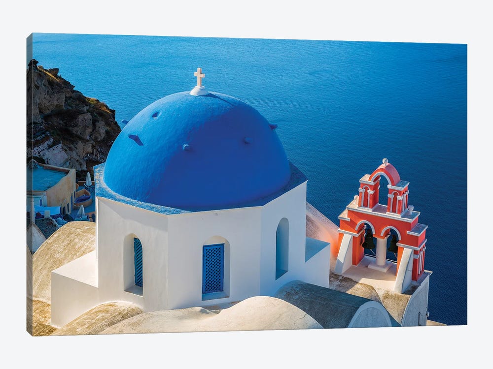 Greece, Oia. Greek Orthodox church and ocean.  by Jaynes Gallery 1-piece Art Print