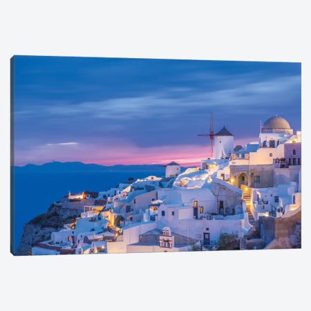 Greece, Oia. Greek Orthodox church and village at sunset.  Canvas Print #JYG555} by Jaynes Gallery Canvas Art
