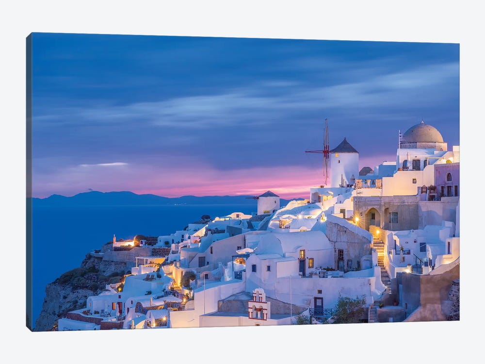 Greece, Oia. Greek Orthodox church and village at sunset.  by Jaynes Gallery 1-piece Canvas Artwork