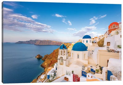 Greece, Oia. Greek Orthodox church and village.  Canvas Art Print - Famous Places of Worship