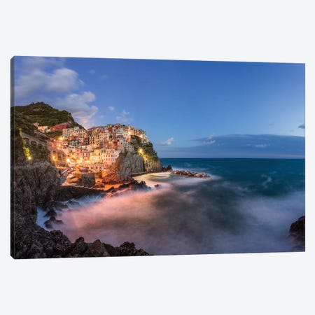 Italy, Cinque Terre, Manarola. Hilltop town and stormy ocean at sunset.  Canvas Print #JYG561} by Jaynes Gallery Canvas Wall Art