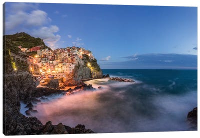 Italy, Cinque Terre, Manarola. Hilltop town and stormy ocean at sunset.  Canvas Art Print - Jaynes Gallery