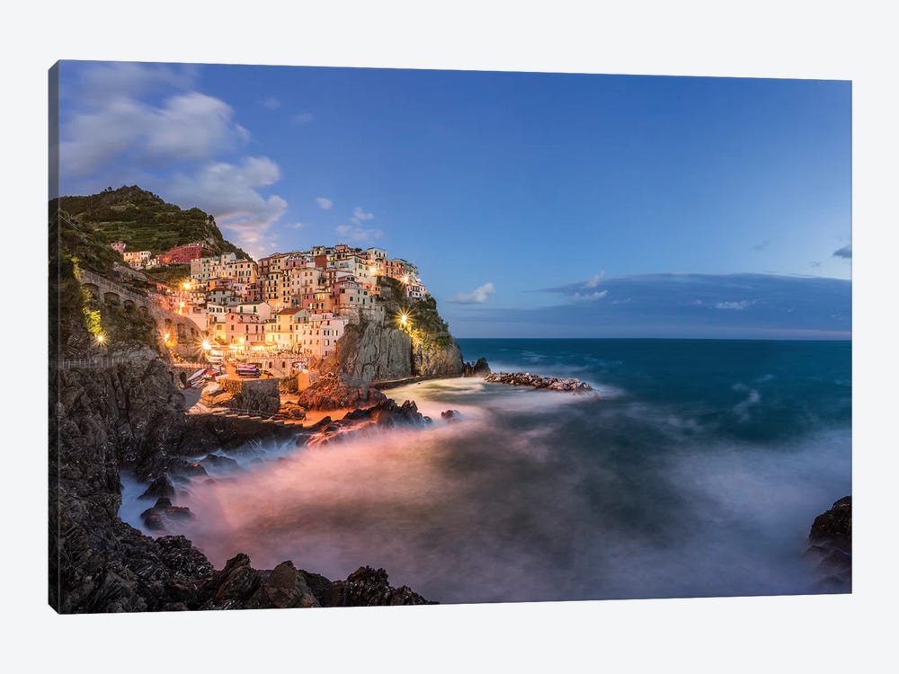 Italy, Cinque Terre, Manarola. Hilltop town and stormy ocean at sunset.  by Jaynes Gallery 1-piece Canvas Art Print