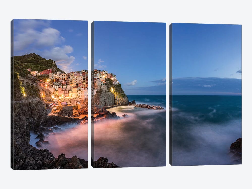 Italy, Cinque Terre, Manarola. Hilltop town and stormy ocean at sunset.  by Jaynes Gallery 3-piece Canvas Print