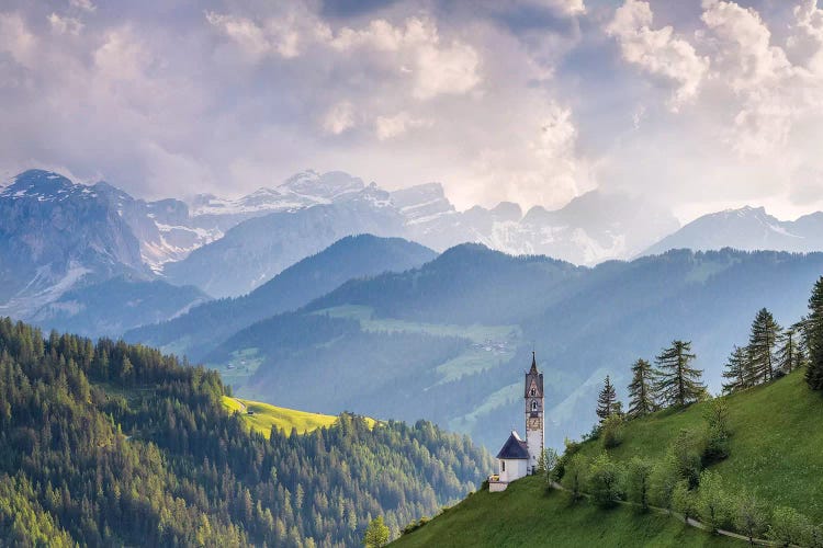 Italy, Dolomites, Wengen. Landscape with Chapel of St. Barbara. 