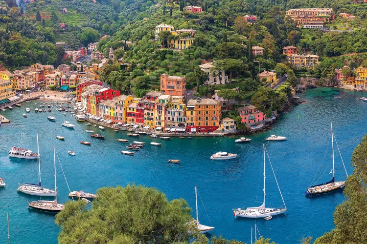 Italy, Liguria, Portofino. Aerial view of town and harbor. 