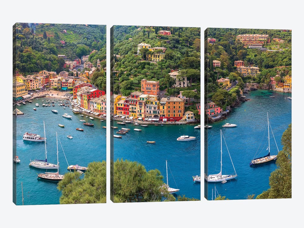 Italy, Liguria, Portofino. Aerial view of town and harbor.  by Jaynes Gallery 3-piece Canvas Art Print
