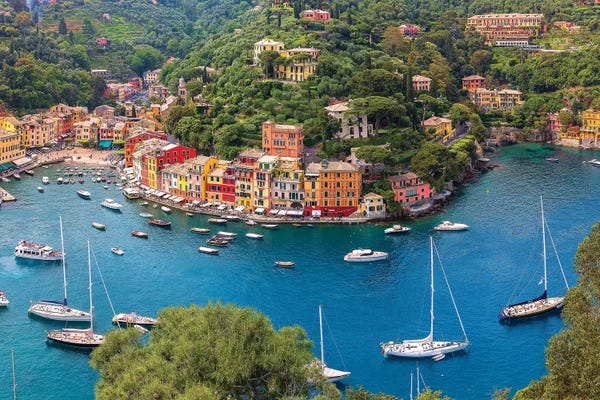 Italy, Liguria, Portofino. Aerial view of town and harbor.